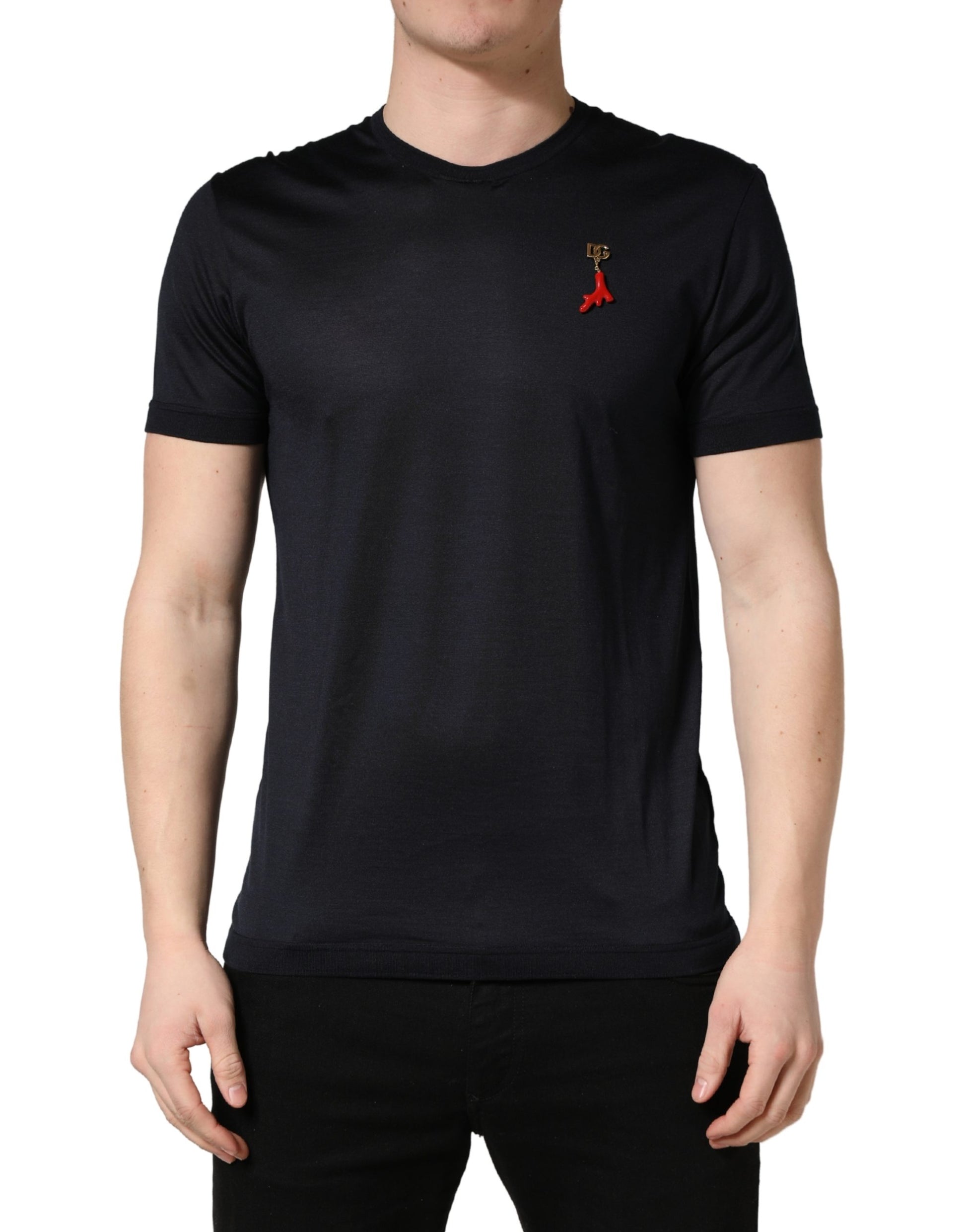 Black short sleeve t-shirt with red logo on front