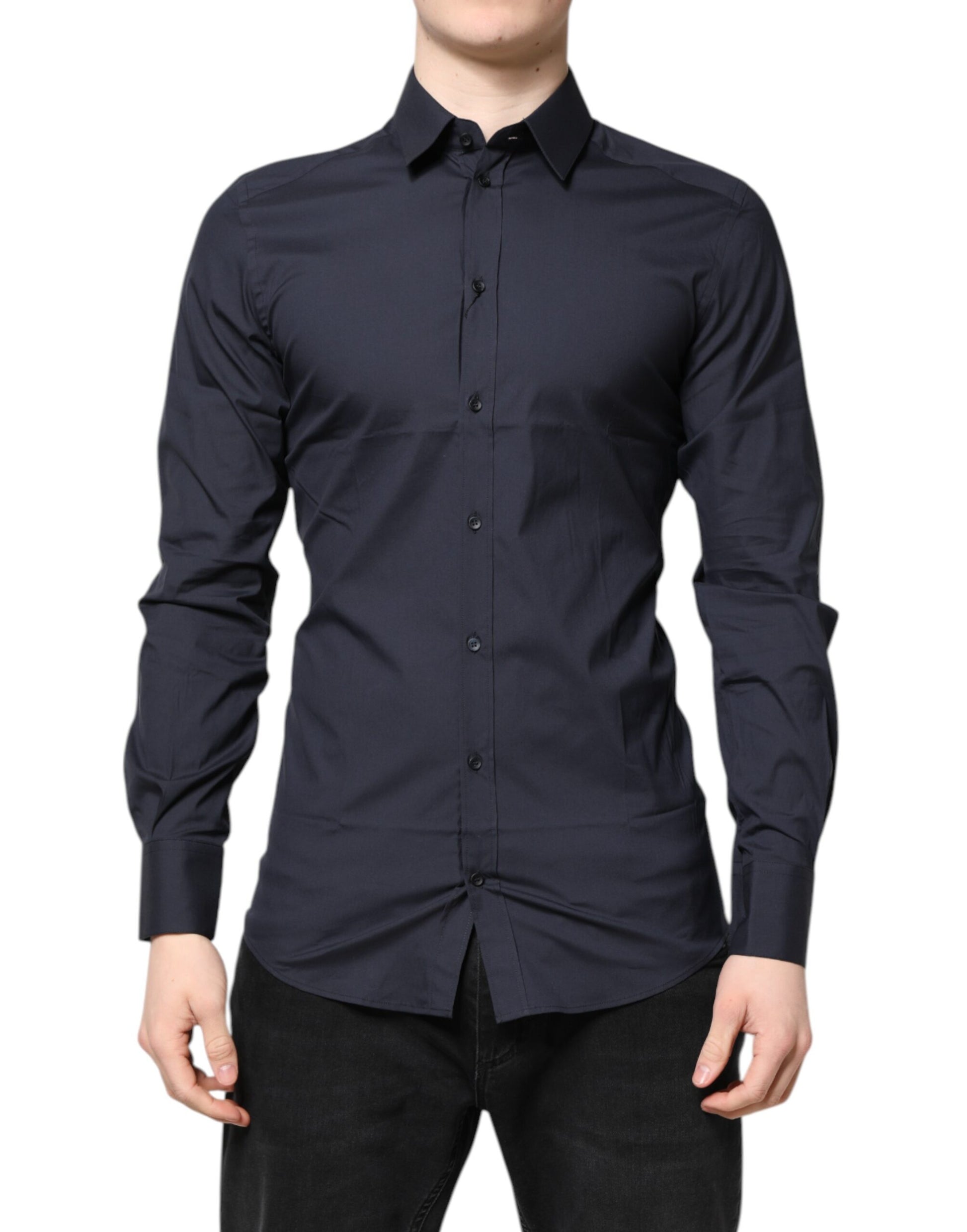A dark blue dress shirt with gold accents, part of a formal wear collection by Dolce & Gabbana