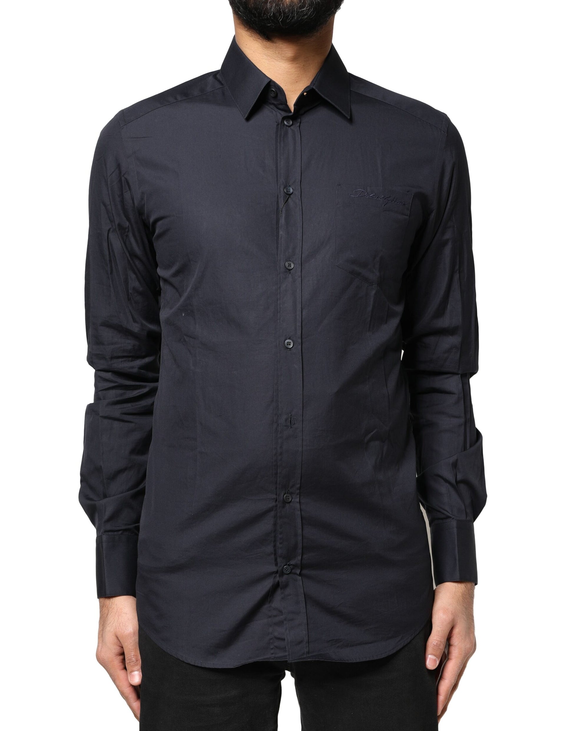 A long sleeve dress shirt in dark blue with gold accents, made of cotton