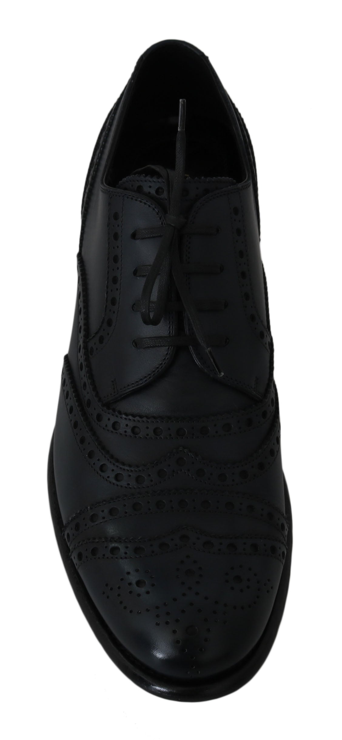 Black dress shoe with laces and patterned design on side