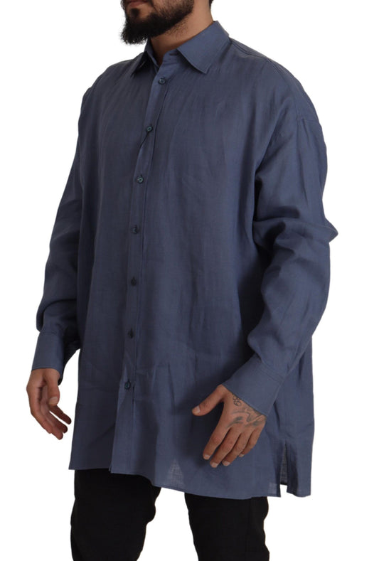 A dark blue linen slim fit dress shirt for men, featuring a collar and long sleeves