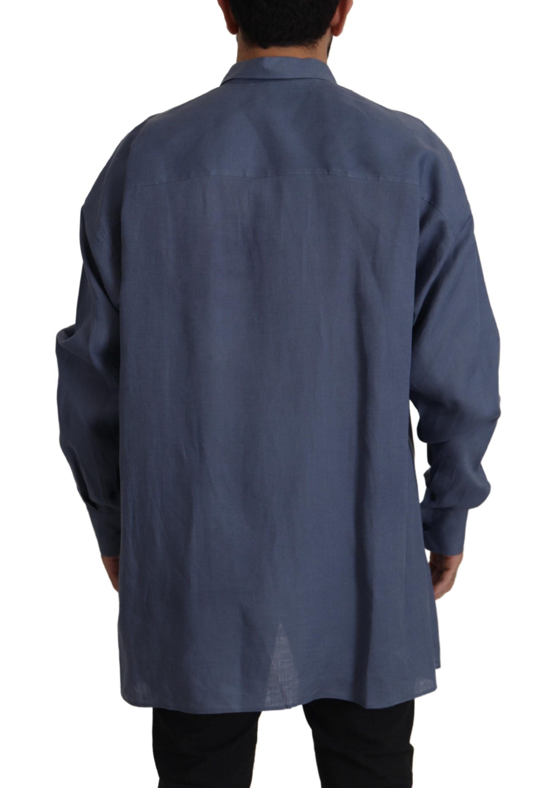 A dark blue linen dress shirt with slim fit for men, featuring a formal design