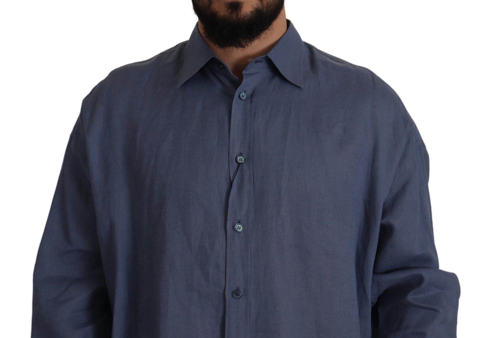 A dark blue linen dress shirt with two buttons, slim fit, and a collar