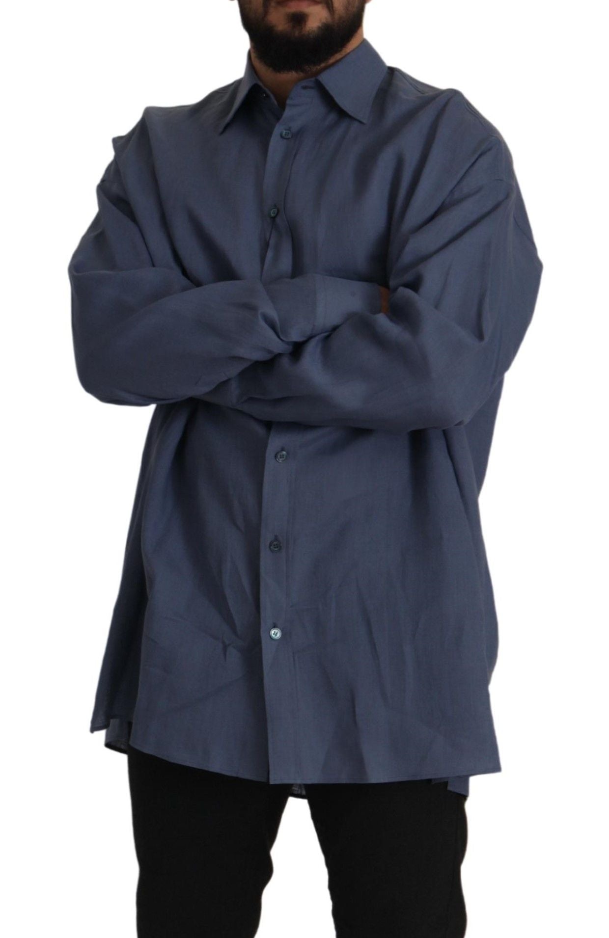 A dark blue linen dress shirt with a slim fit, designed for formal men's wear