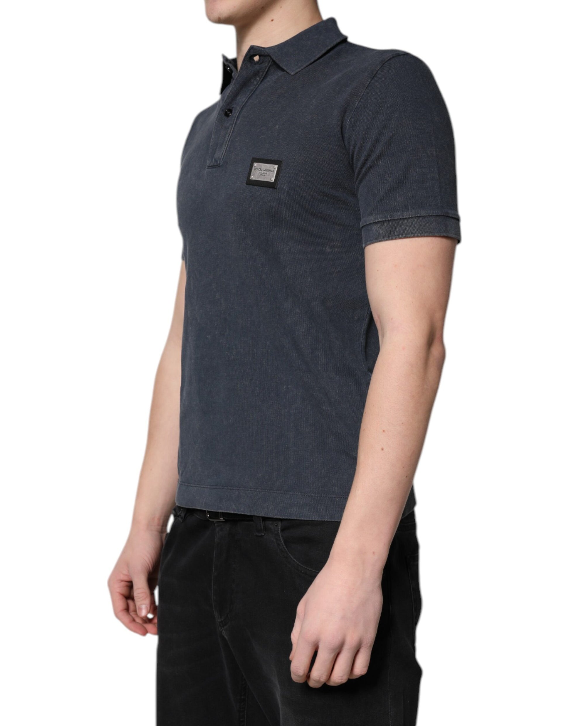 Man wearing blue polo shirt