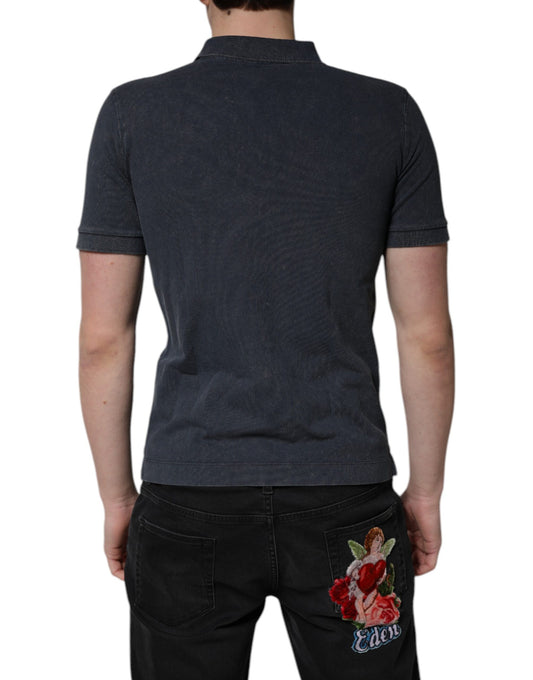 Man wearing polo shirt and jeans with floral design on back