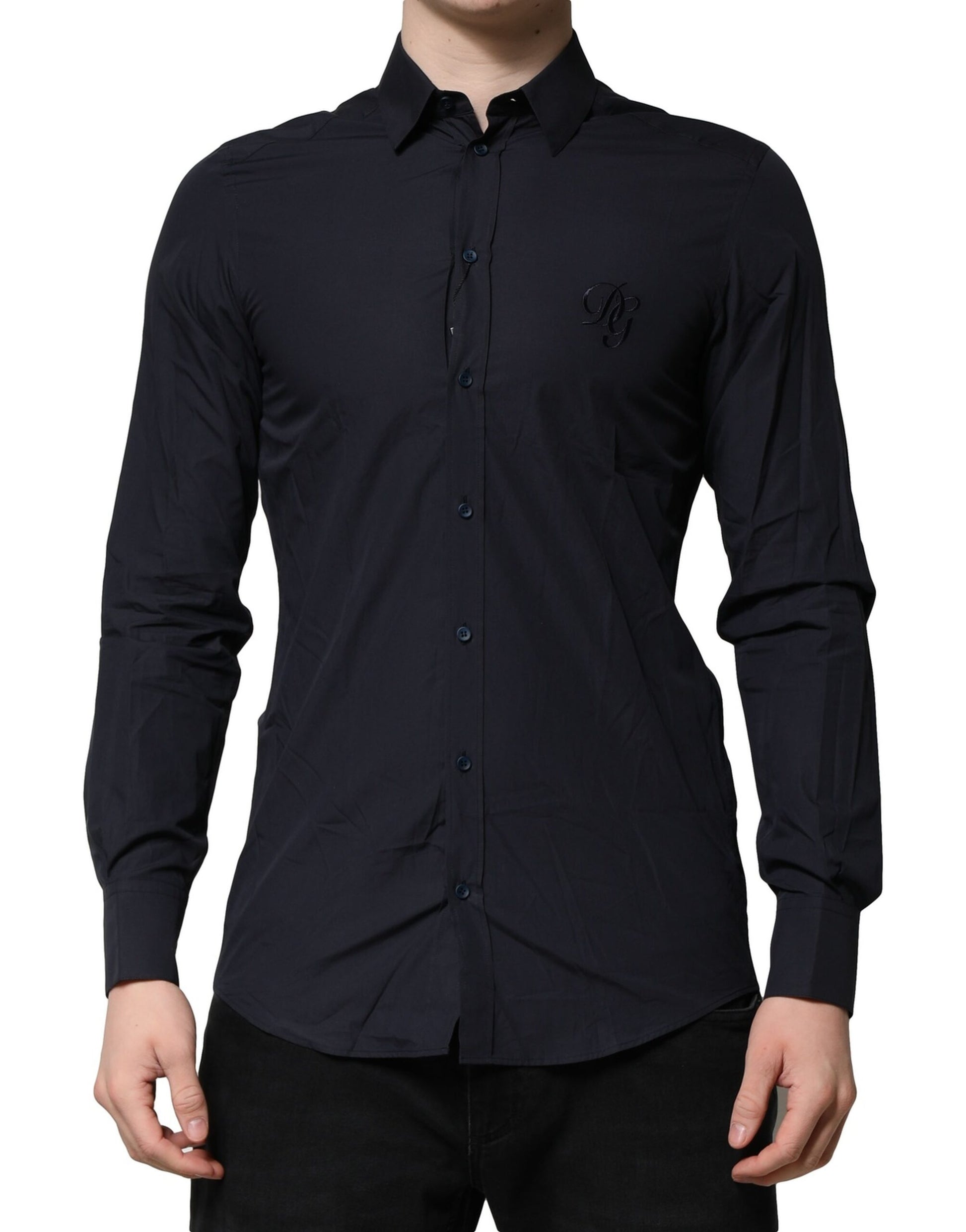 A dark blue men's dress shirt with a collar and buttons down the front