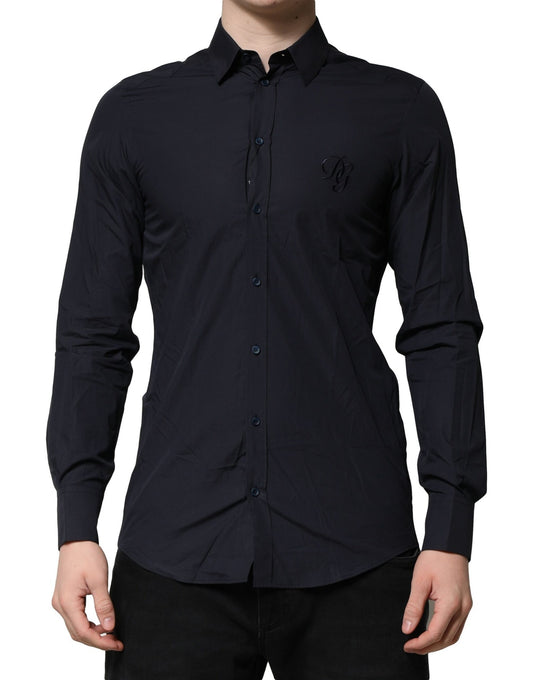 A dark blue men's dress shirt with a collar and buttons down the front