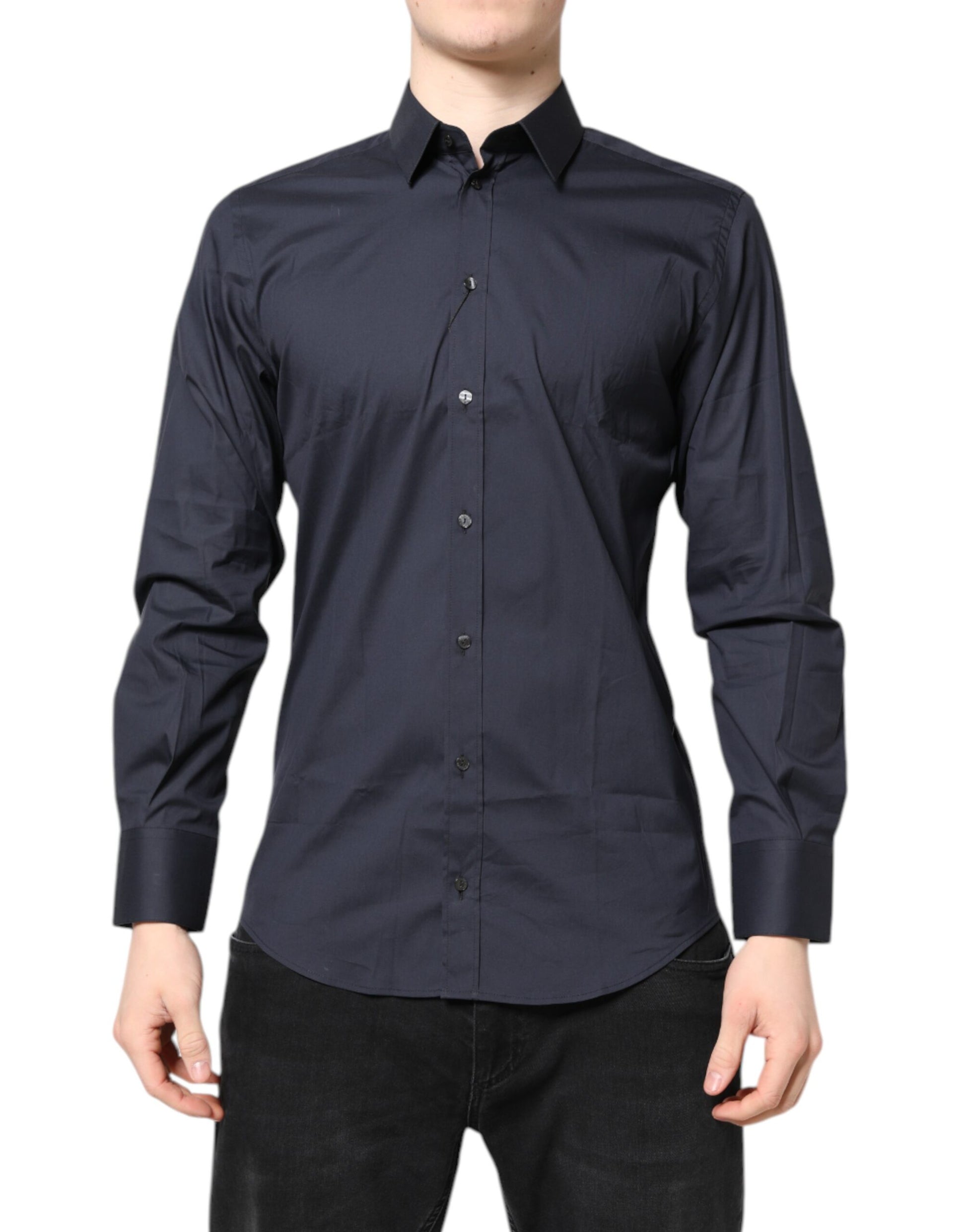 A dark blue men's dress shirt with a collar and buttons, from the brand Dolce & Gabbana