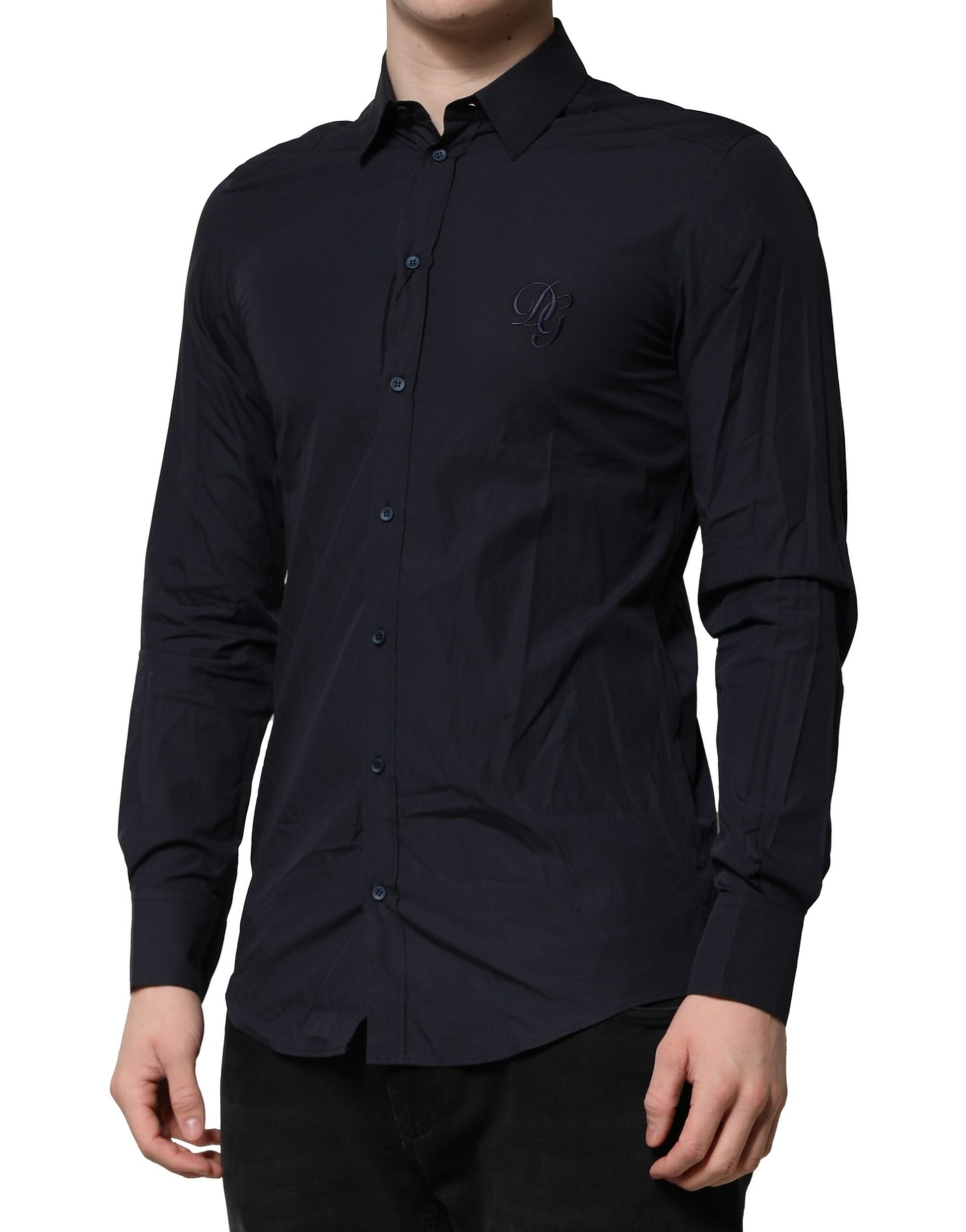 A dark blue men's dress shirt with a collar and buttons, from the brand Dolce & Gabbana