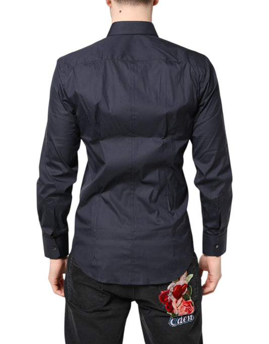 A dark blue dress shirt with a floral embroidery on the back