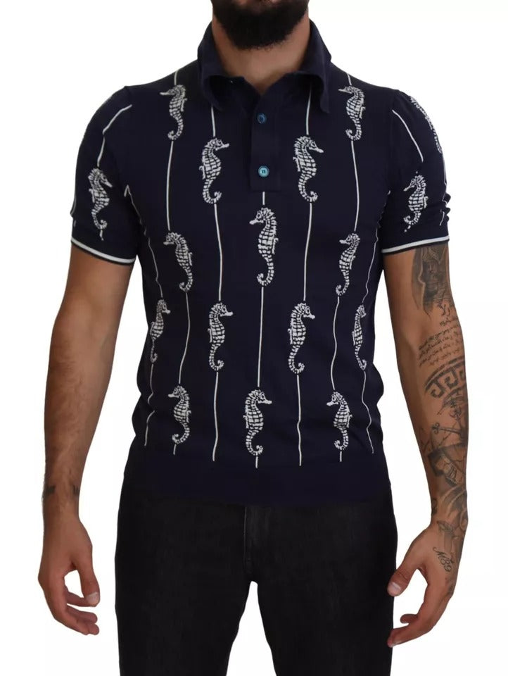 Men's polo shirt with blue background and white seahorse pattern