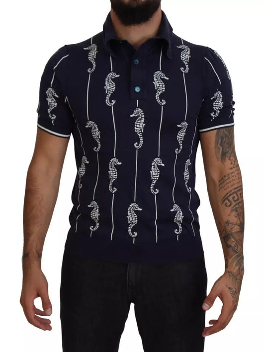 Men's polo shirt with blue background and white seahorse pattern