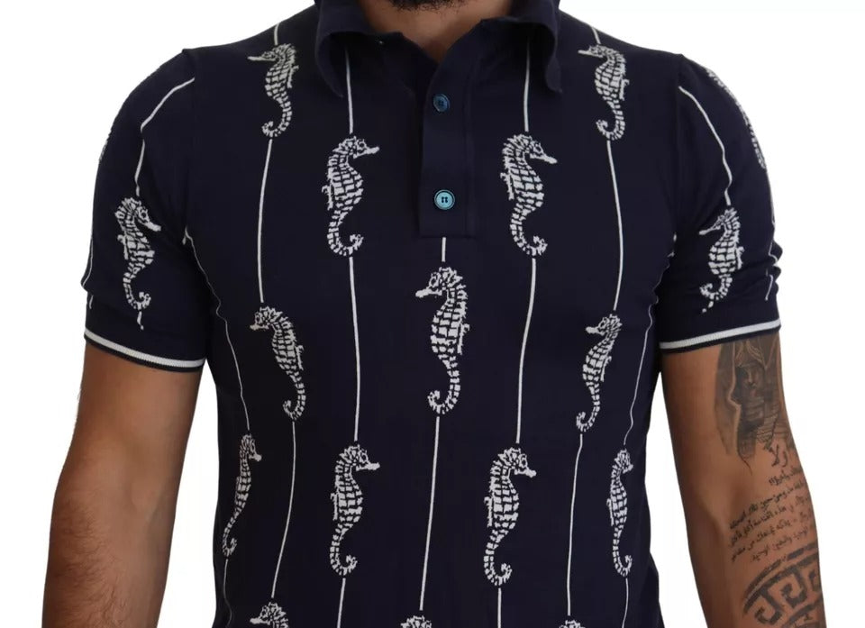 Blue polo shirt with white seahorse pattern