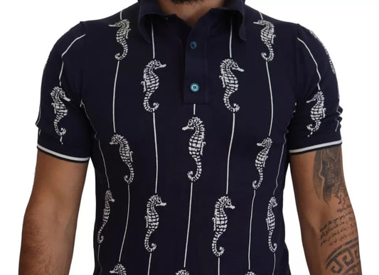 Blue polo shirt with white seahorse pattern