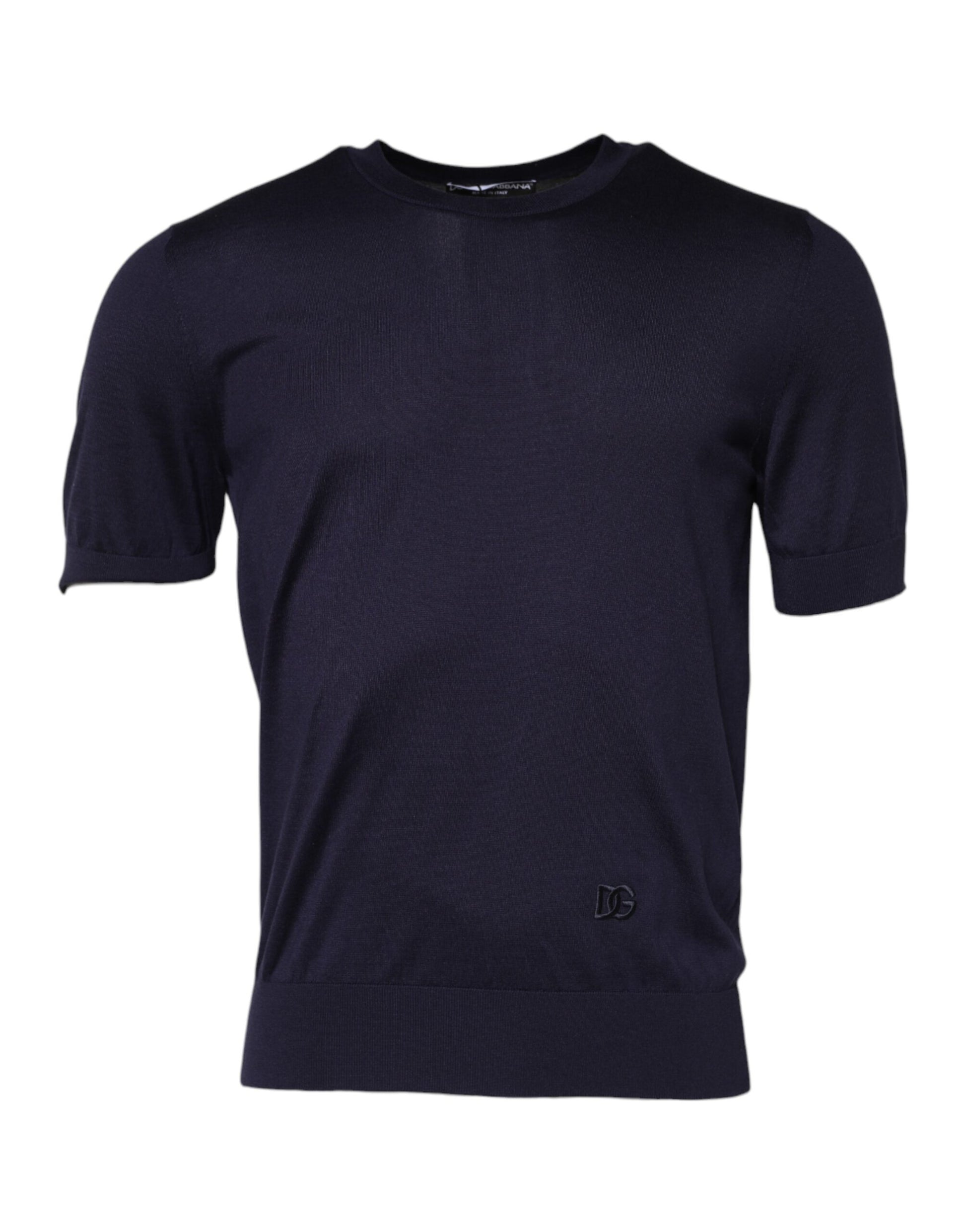 Navy blue short sleeve t-shirt on display