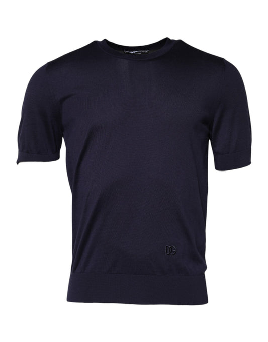 Navy blue short sleeve t-shirt on display