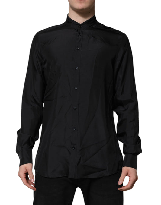 A dark blue silk men's formal dress shirt with a collar and buttons