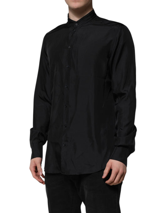 A dark blue silk men's formal dress shirt with long sleeves