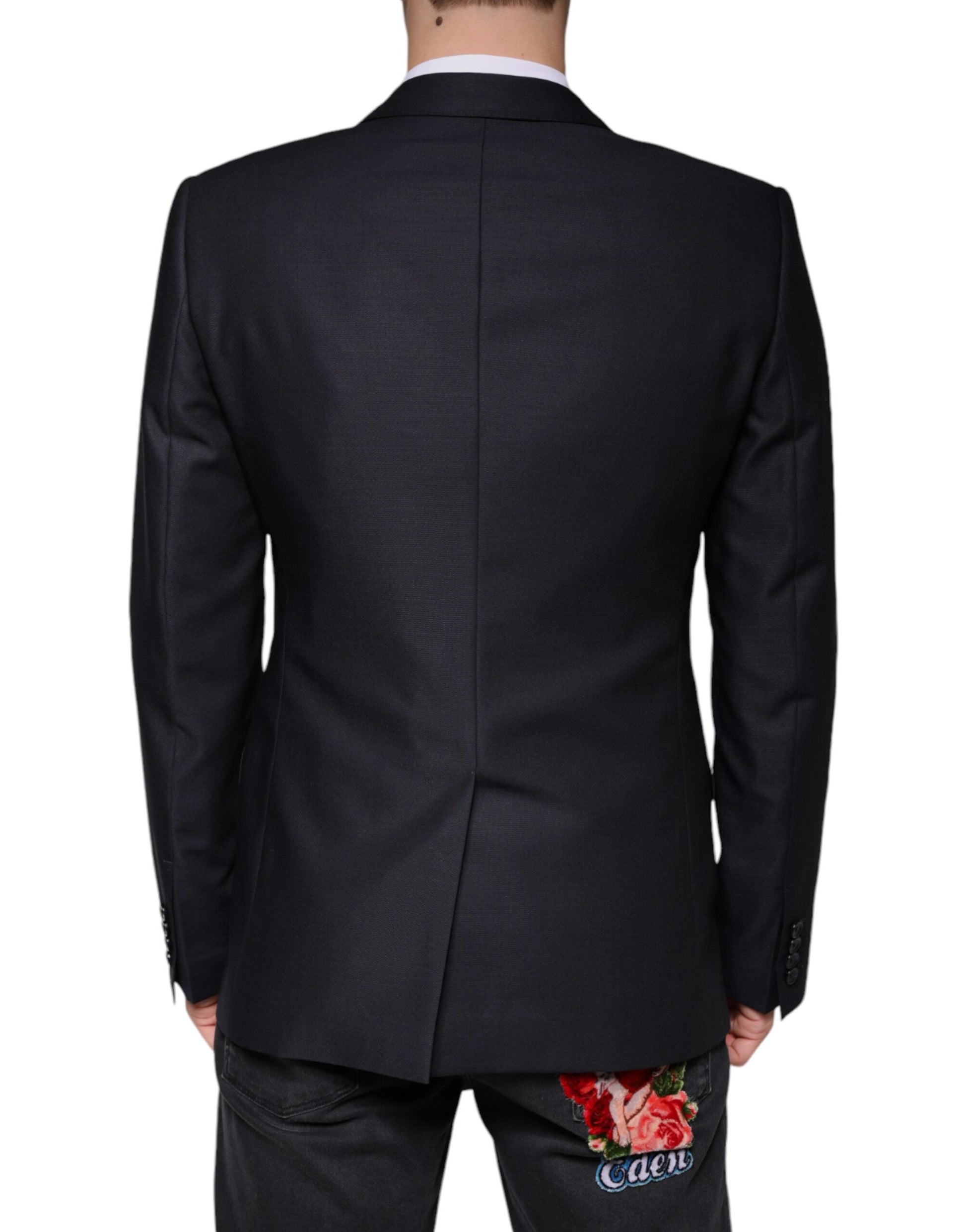 A dark blue wool single breasted dress coat blazer with a floral print on the back