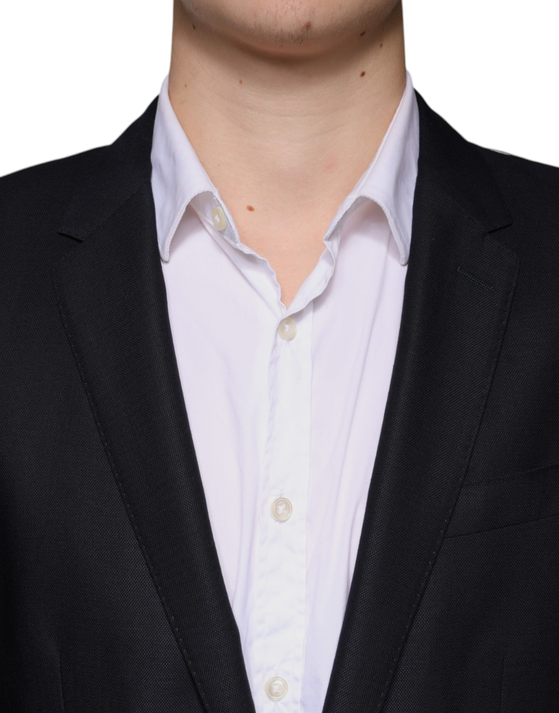 A dark blue wool single breasted dress coat blazer with white buttons