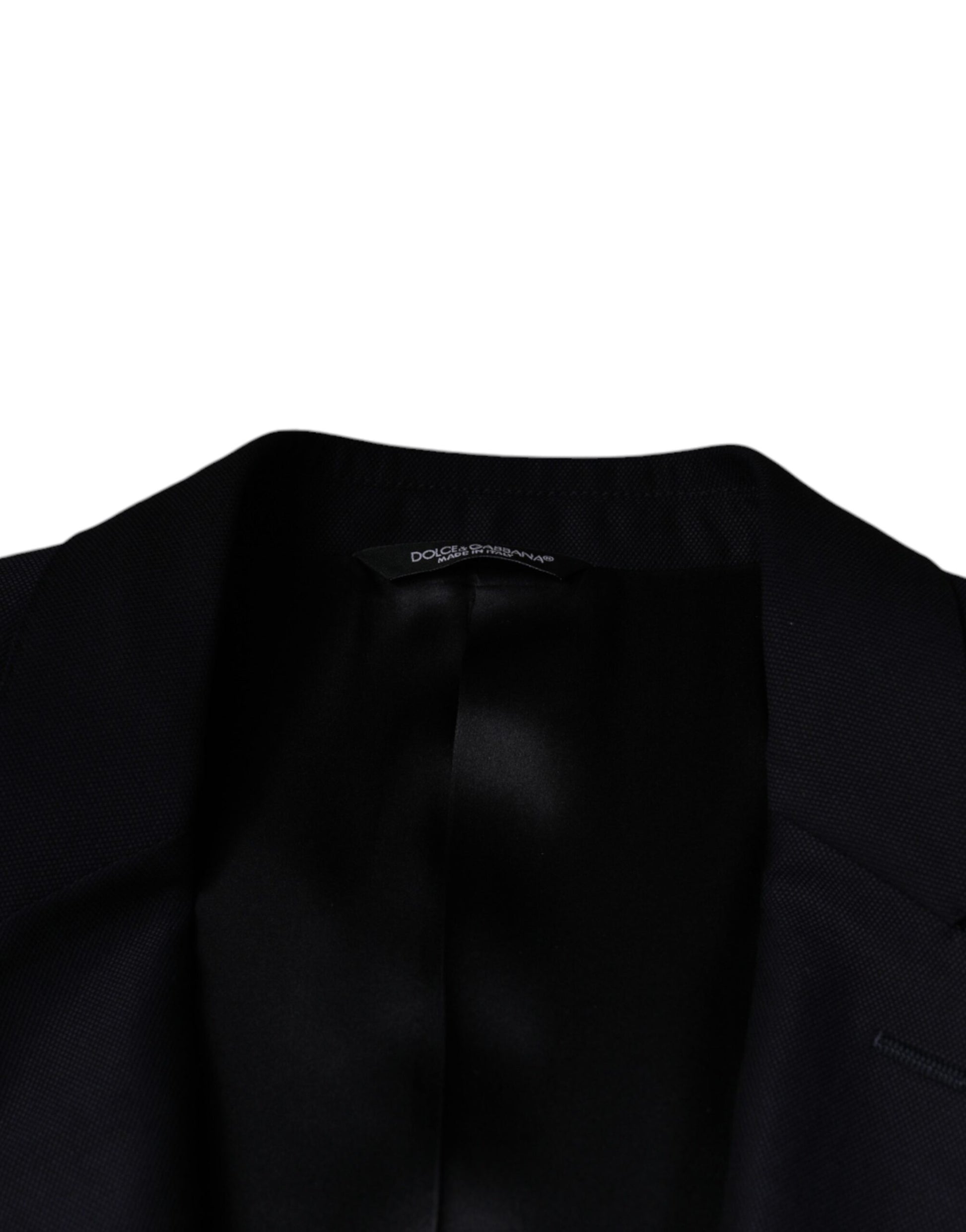 A dark blue wool single-breasted dress coat blazer with a lapel and button closure