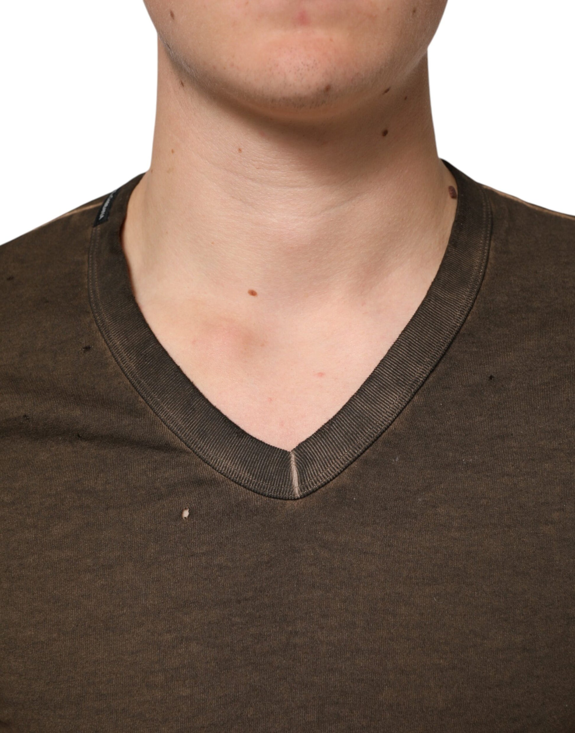 Man wearing brown v-neck shirt