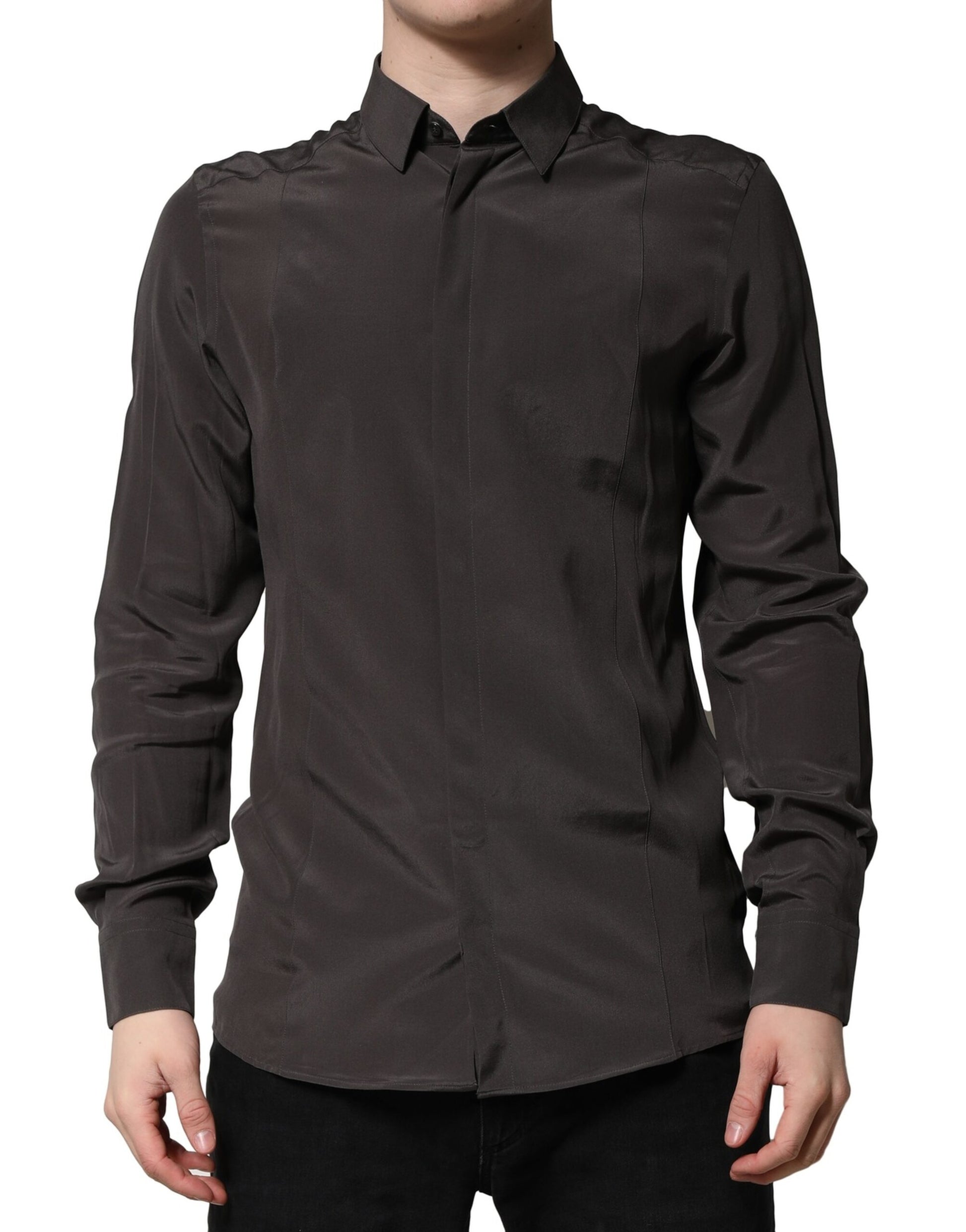 A dark brown silk shirt with long sleeves and a collar, designed for men
