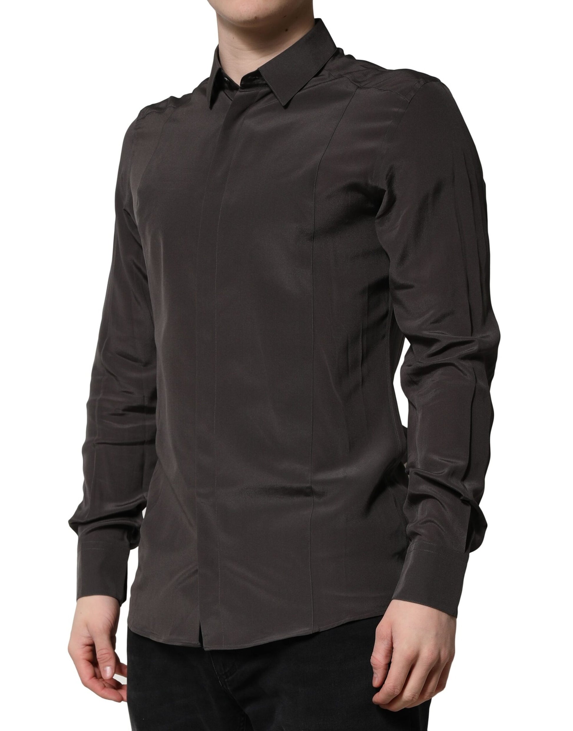 A dark brown silk shirt with long sleeves, part of the Dolce & Gabbana Gold men's formal wear collection