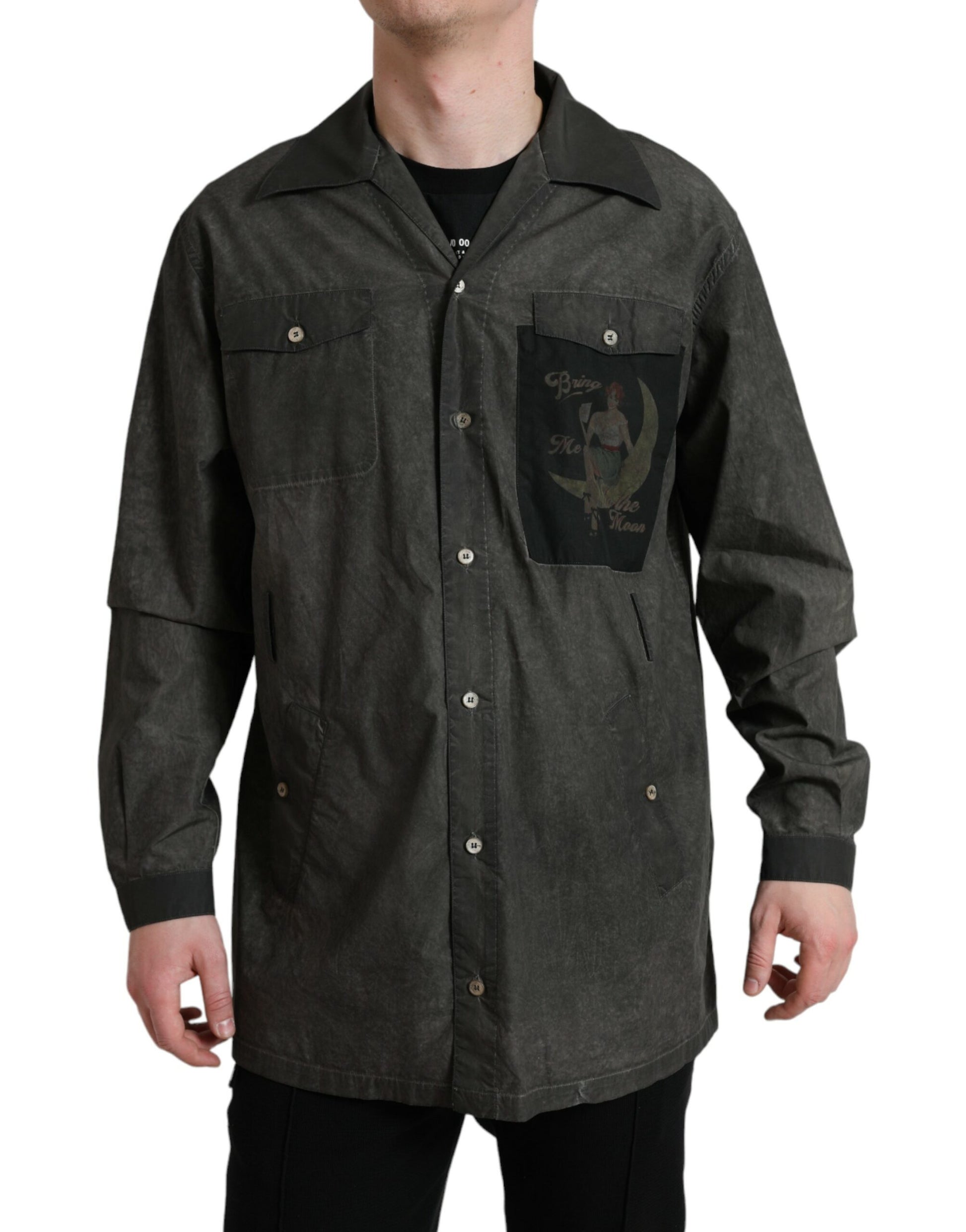 Man wearing long sleeve jacket with patch on left chest