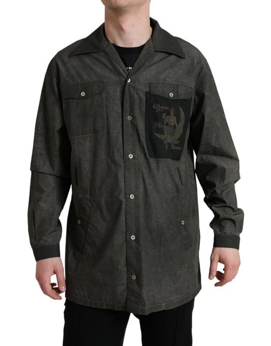 Man wearing long sleeve jacket with patch on left chest