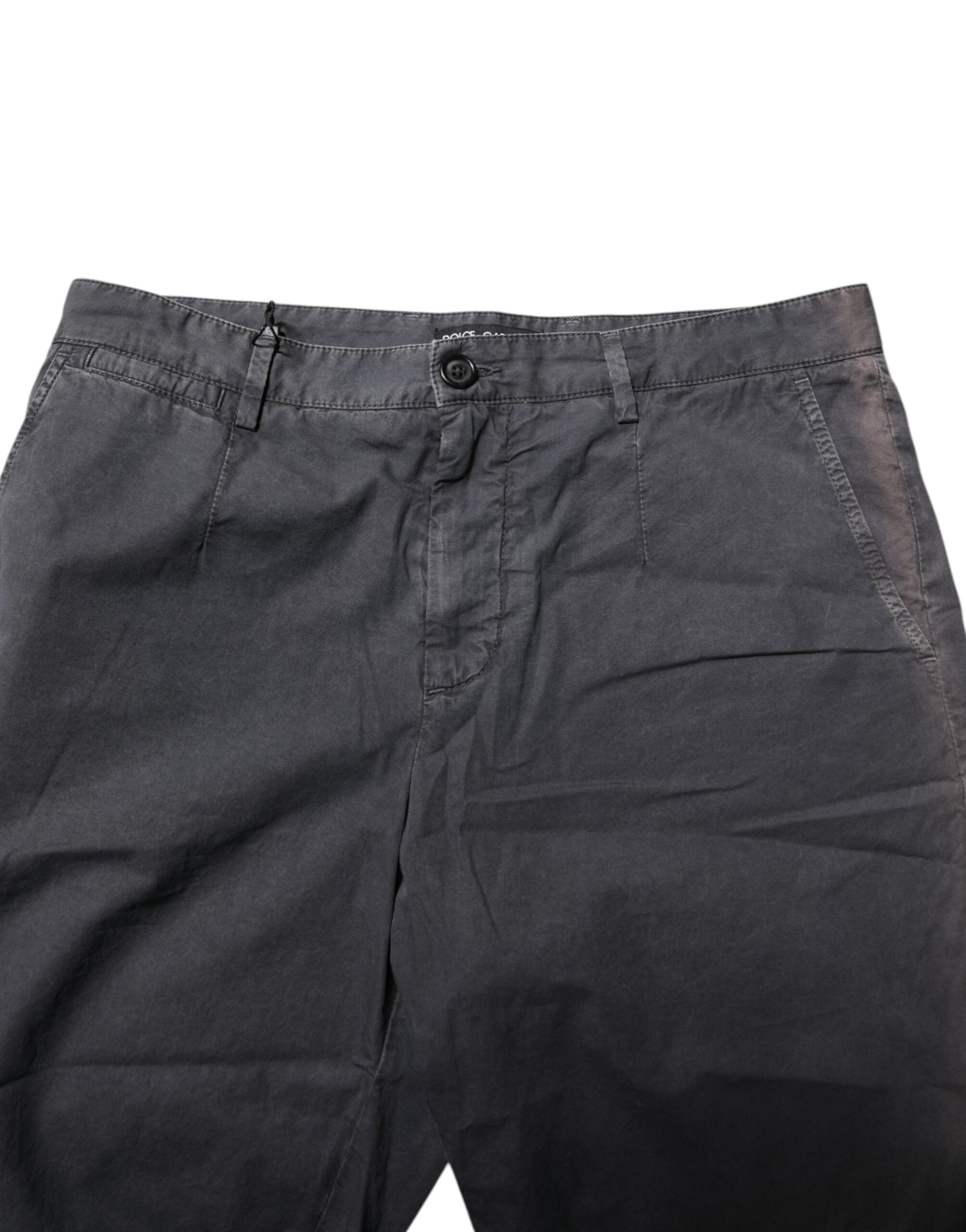 Pair of dark blue denim shorts with button closure