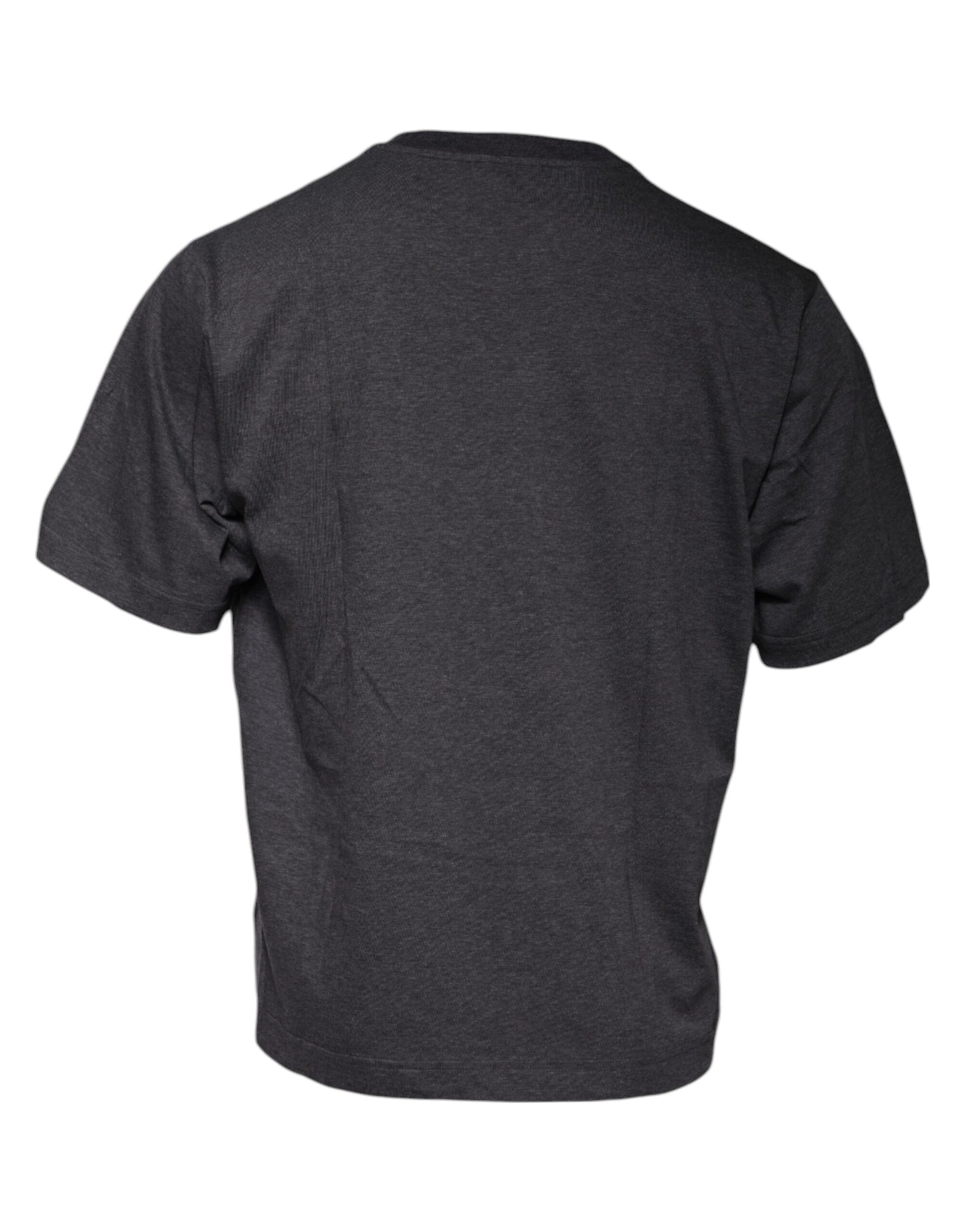 The back view of a dark gray t-shirt with horizontal stripes