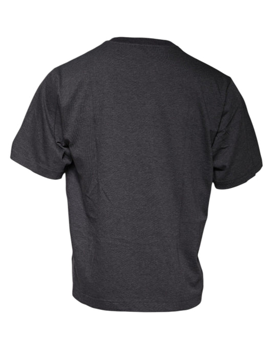 The back view of a dark gray t-shirt with horizontal stripes