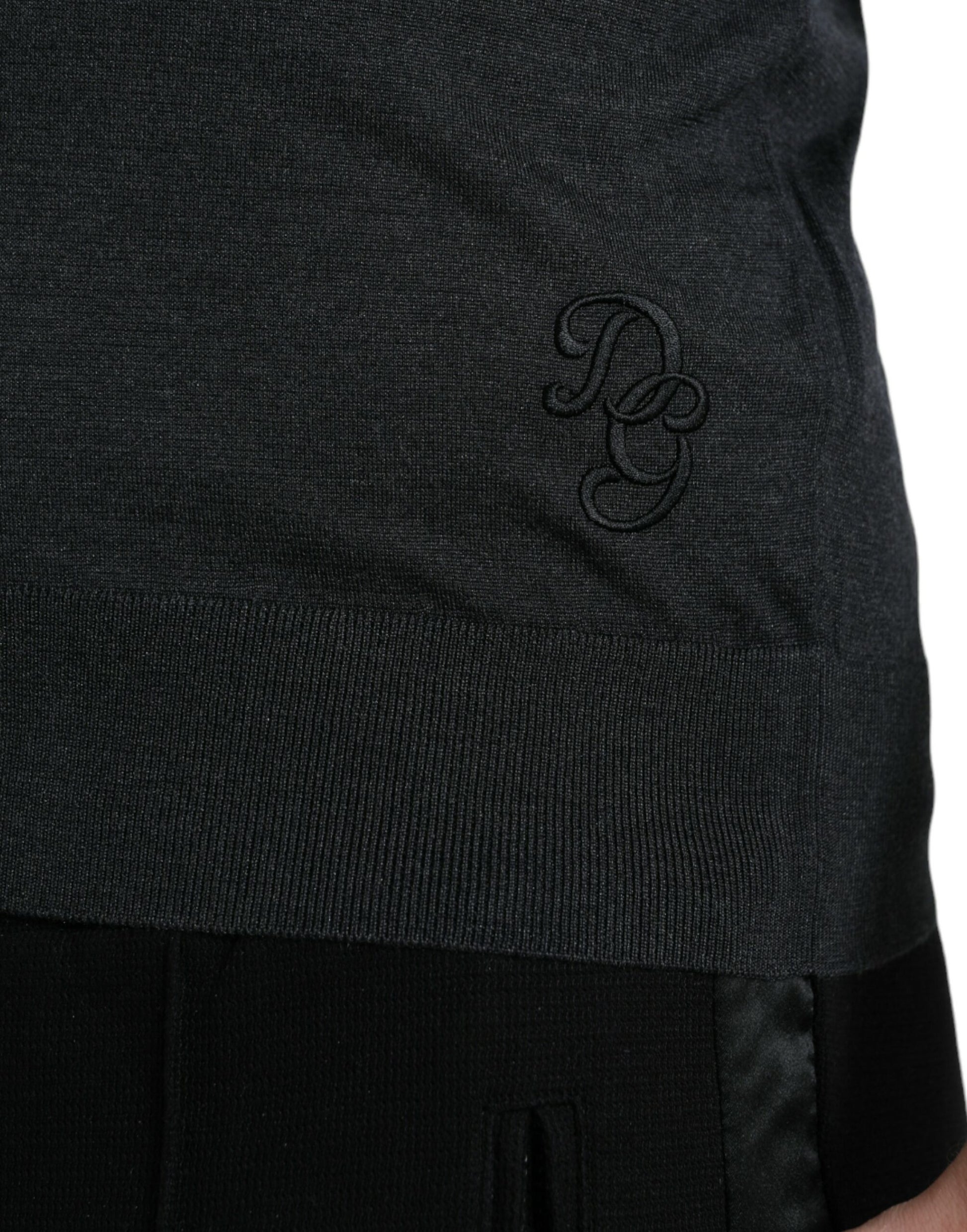 Black sweater with embroidered logo on left chest area