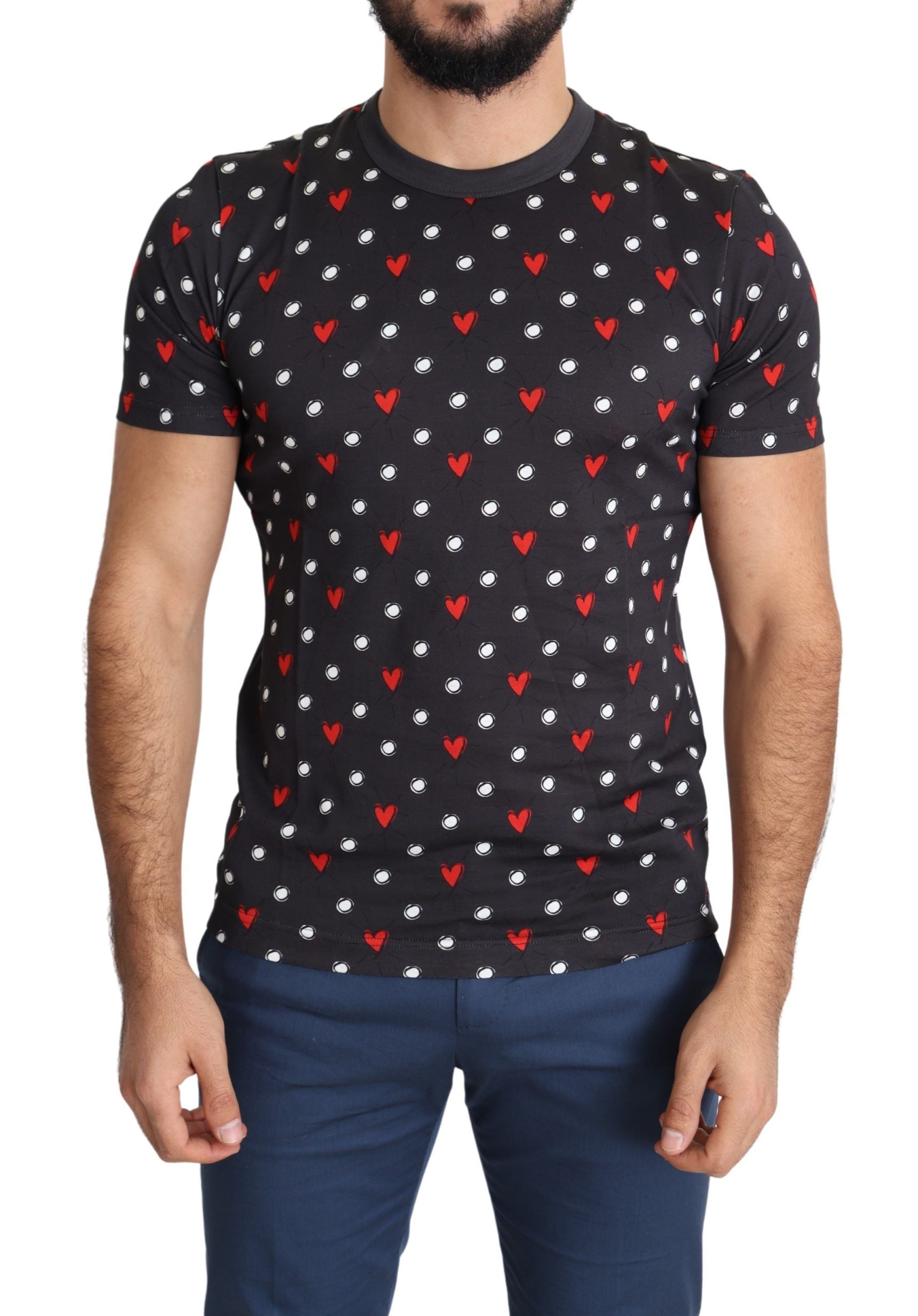 Man wearing black t-shirt with red hearts and stars pattern