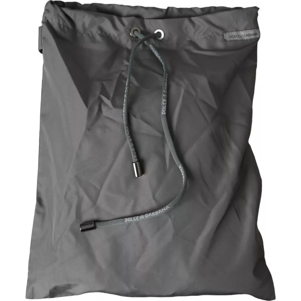 Grey polyester beach shorts with drawstring waistband