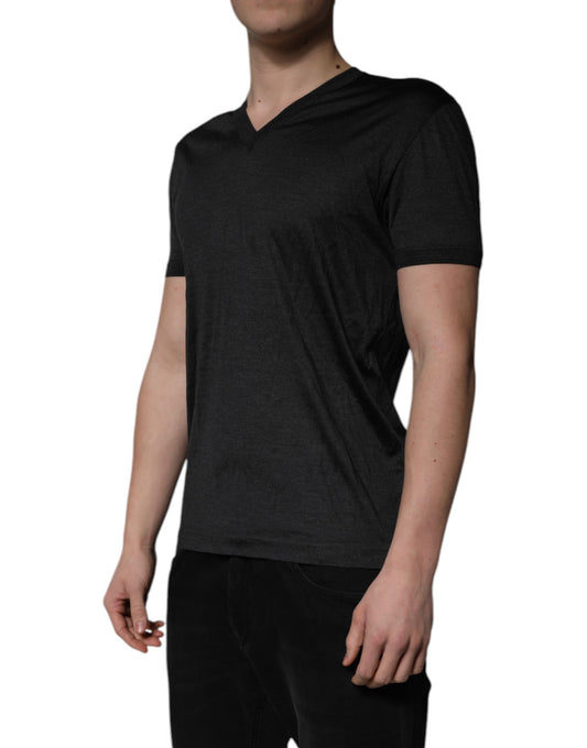 Man wearing black v-neck t-shirt