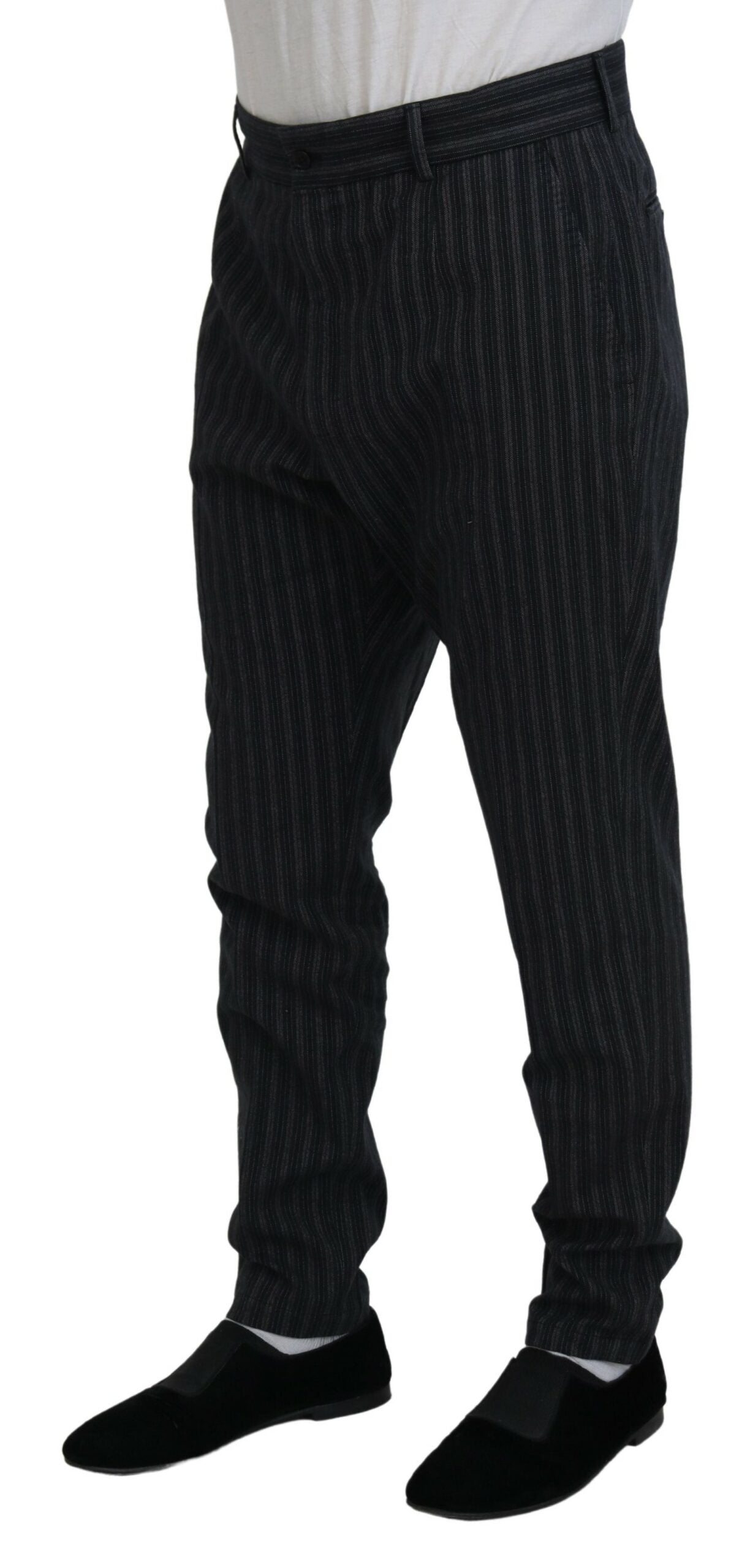 A pair of dark gray chino dress pants with vertical stripe pattern, designed by Dolce & Gabbana