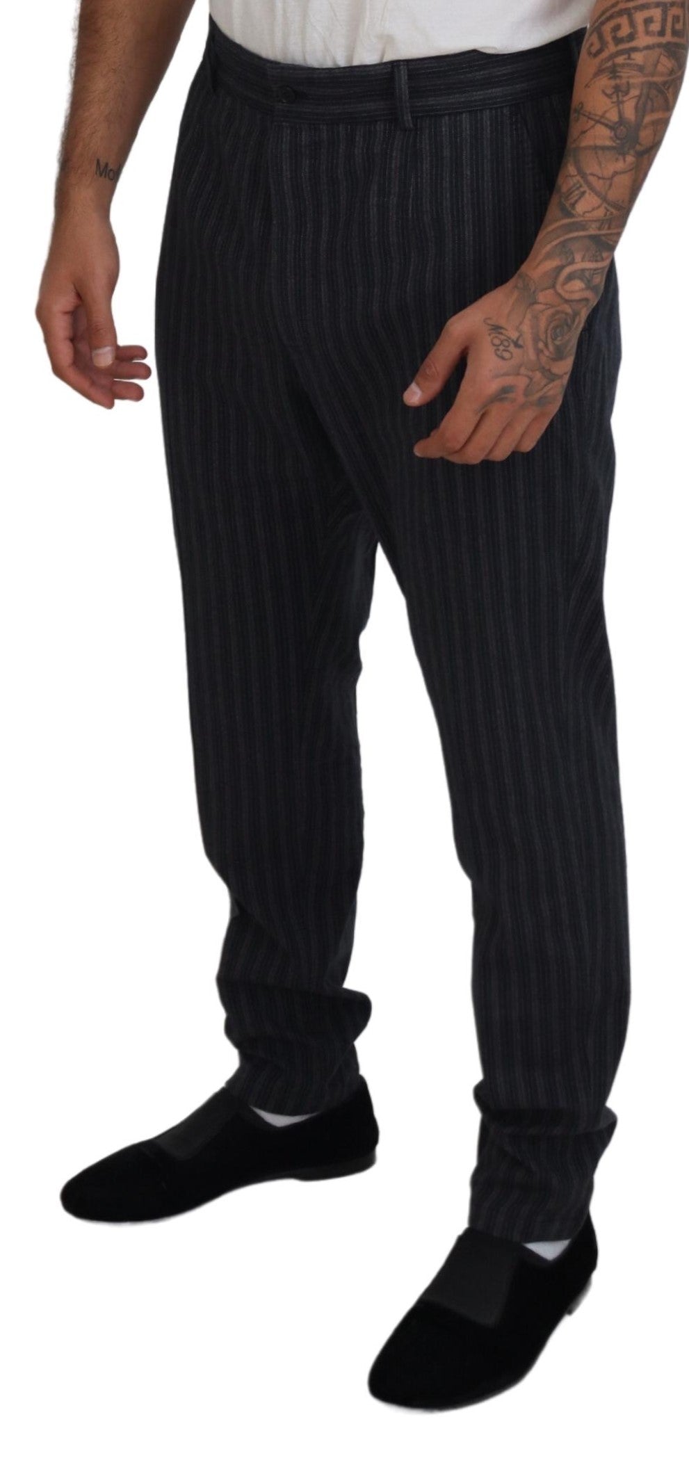 Men's dress pants with dark gray stripe pattern, lapel collar, and double-breasted front