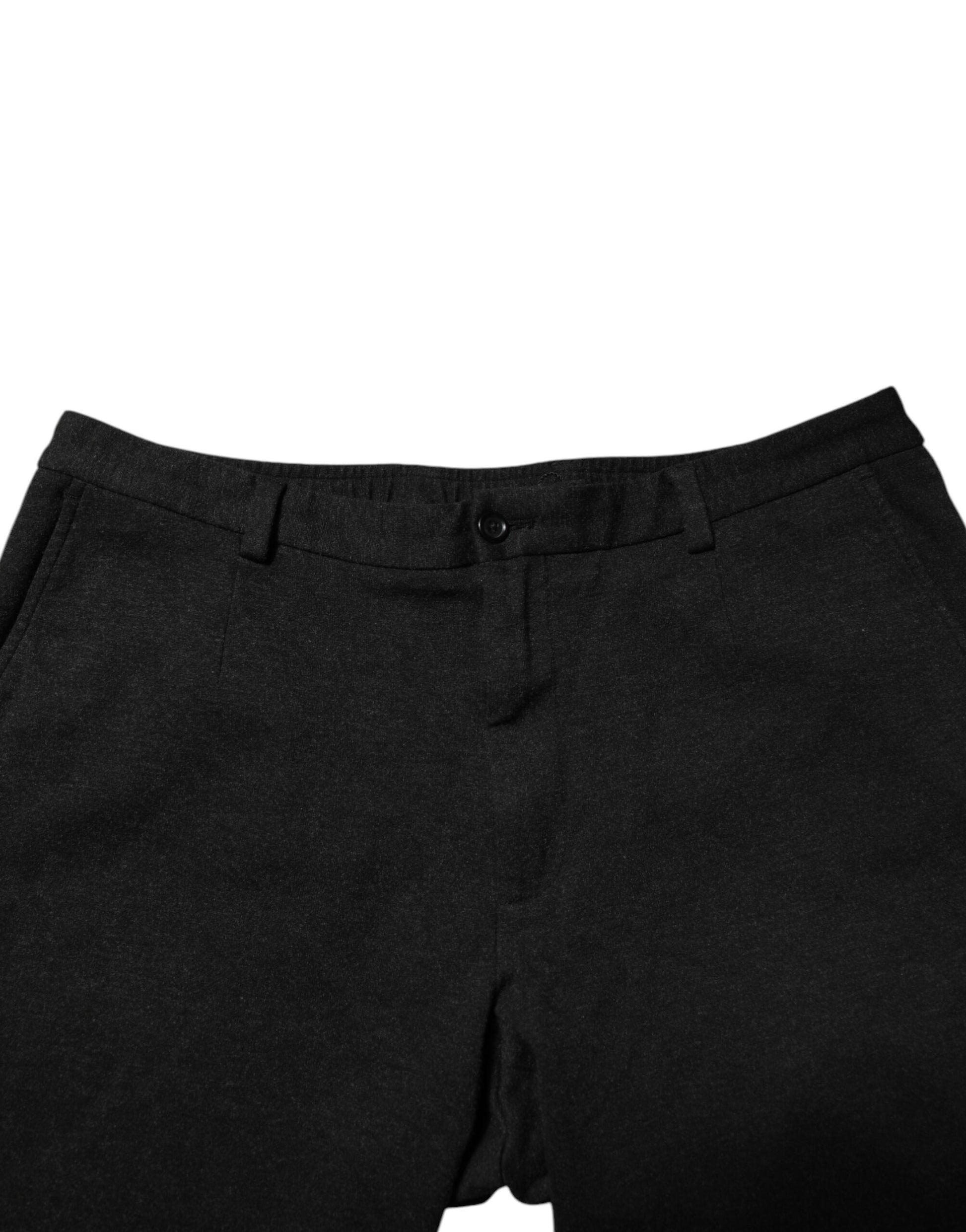 A pair of men's trousers in dark gray viscose fabric with horizontal stripes