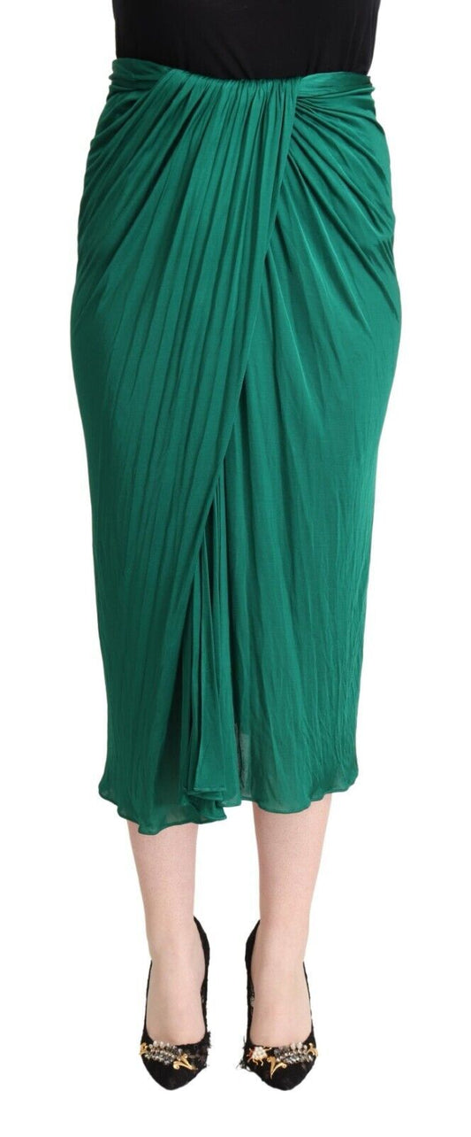 Green pleated skirt worn by a woman