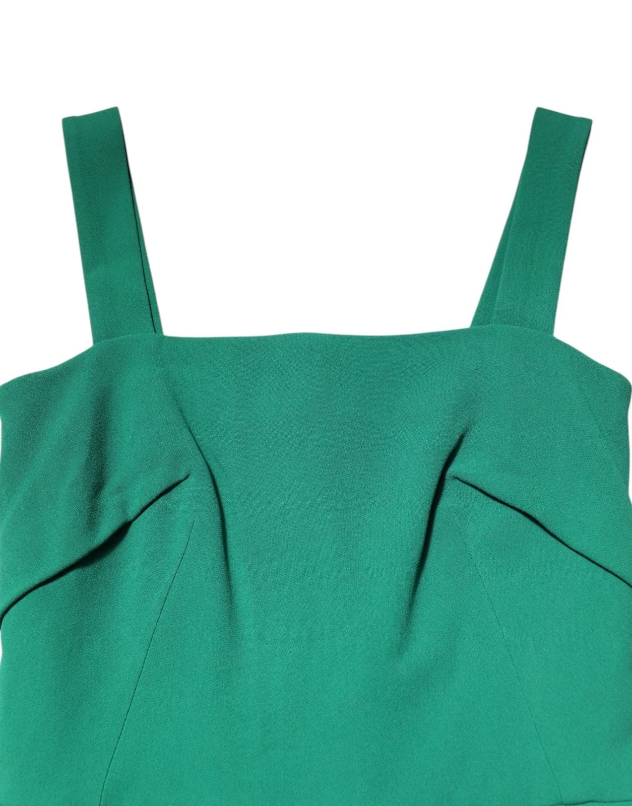 A sleeveless green dress with a fitted silhouette and ruched detailing