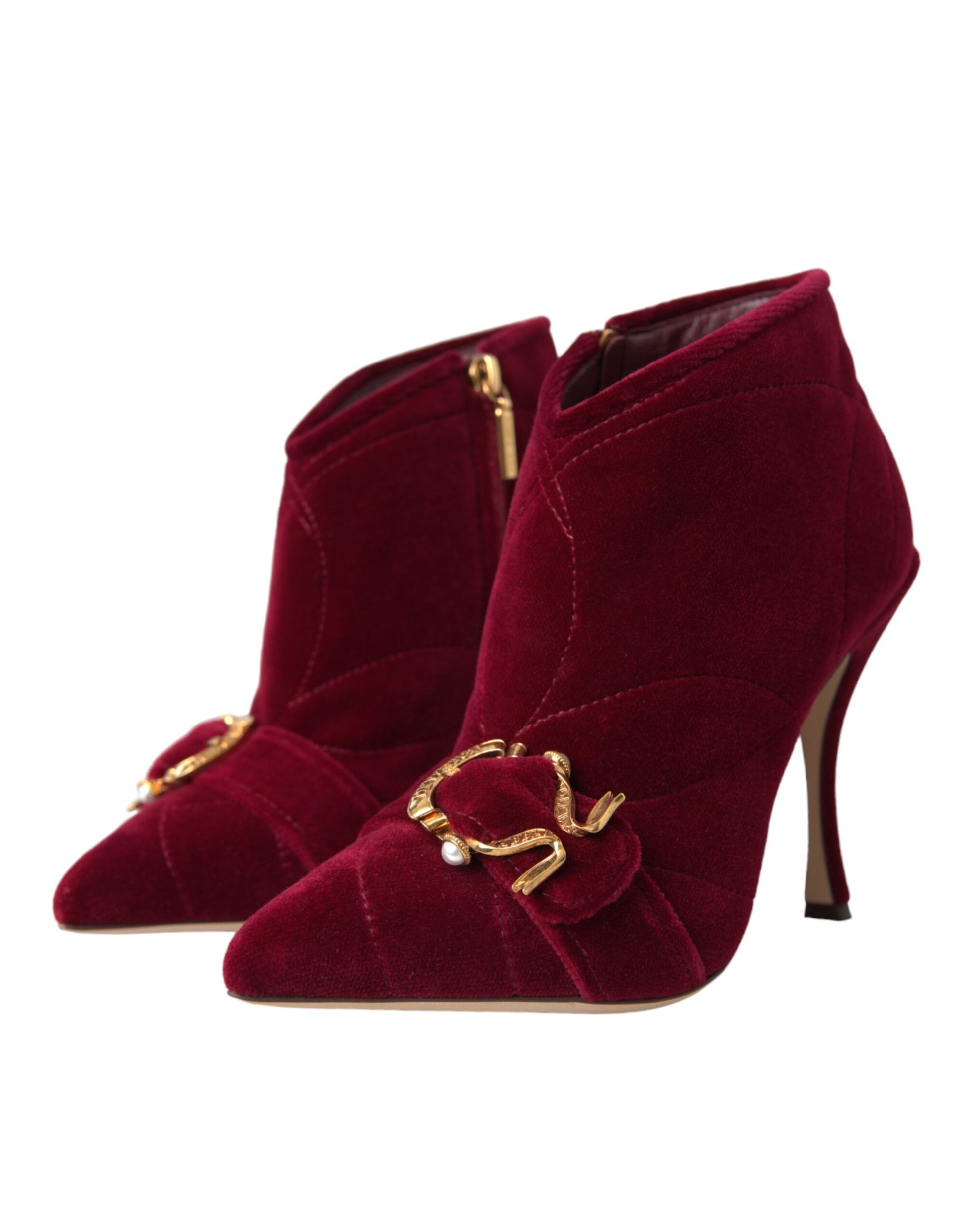 Red velvet suede high heel shoes with gold buckle
