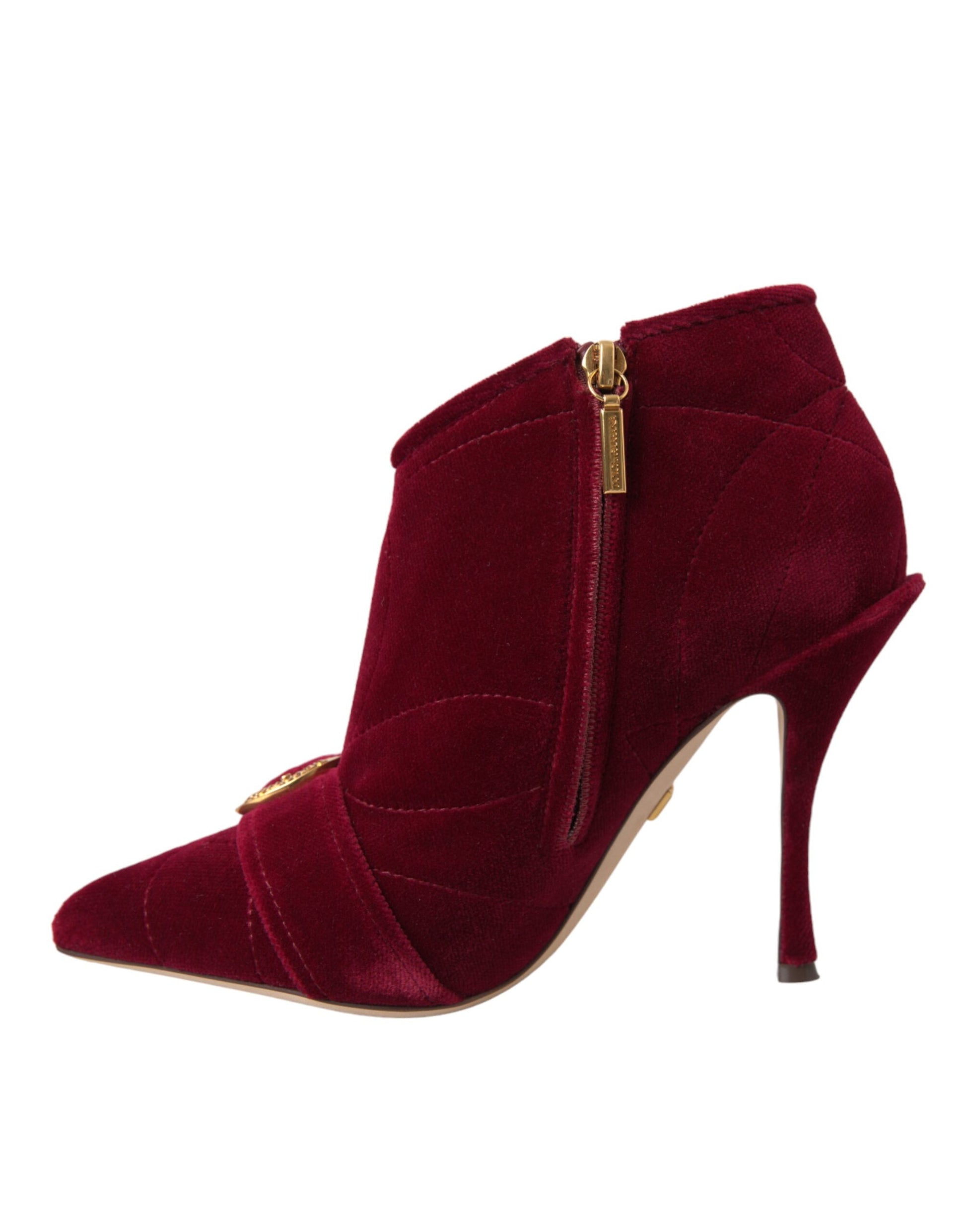 Red velvet ankle boot with gold zipper detail