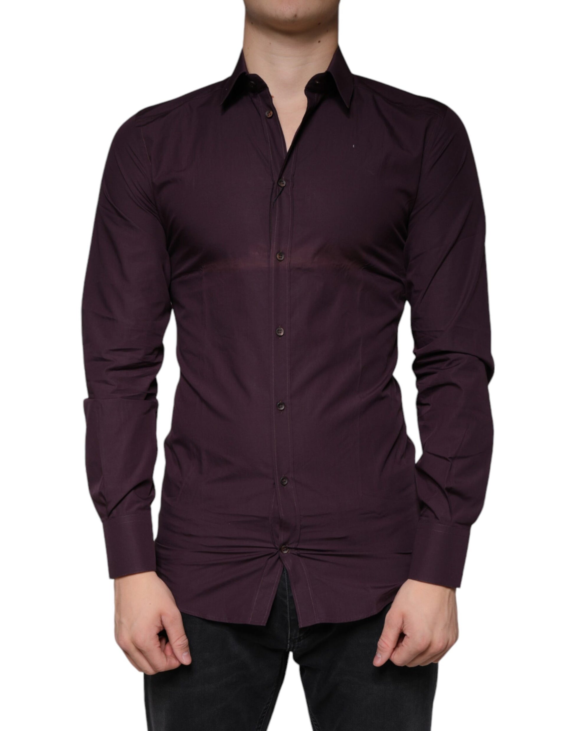 Purple men's dress shirt with gold buttons