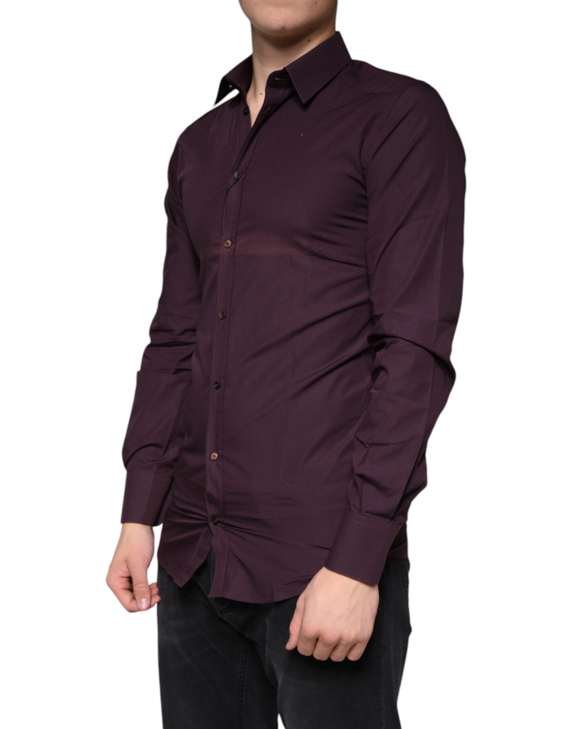 A mannequin wearing a dark violet cotton dress shirt with gold accents