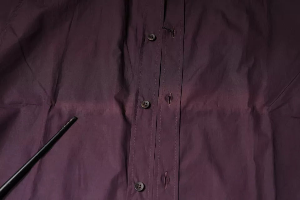 A dark violet men's formal shirt with gold buttons and a collar