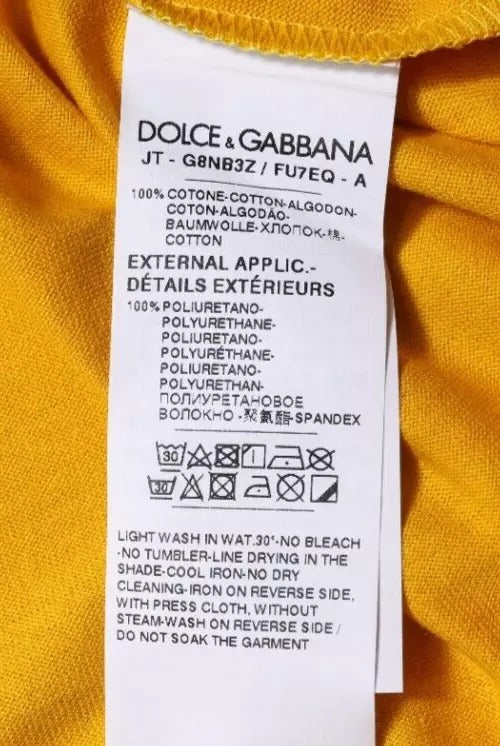 Yellow garment tag with black lettering