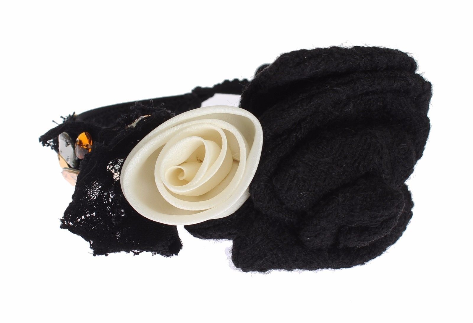 Black lace fabric with white rose embroidery